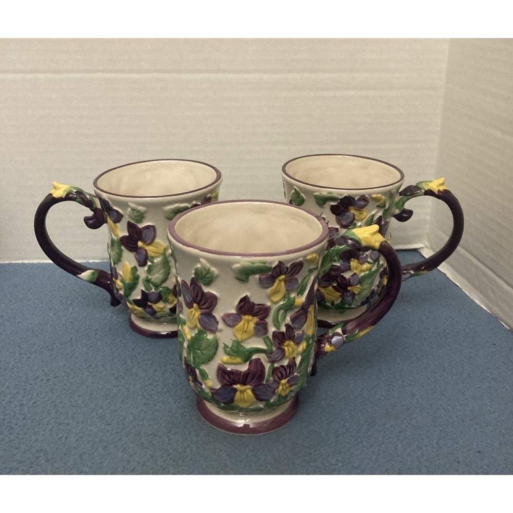 Temp-tations by Tara Figural Floral Purple Violets 12oz Coffee Mugs - Set of 3